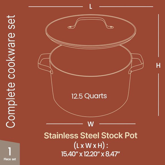 Bakken 12.5 Quart Ceramic Coated Stock Pot with Lid, Easy Clean Nonstick Pot, Tempered Glass Lid, Riveted Stainless Steel Handles, Oven Safe To 500 F, PTFE & PFAS , All Stove Compatible, Black