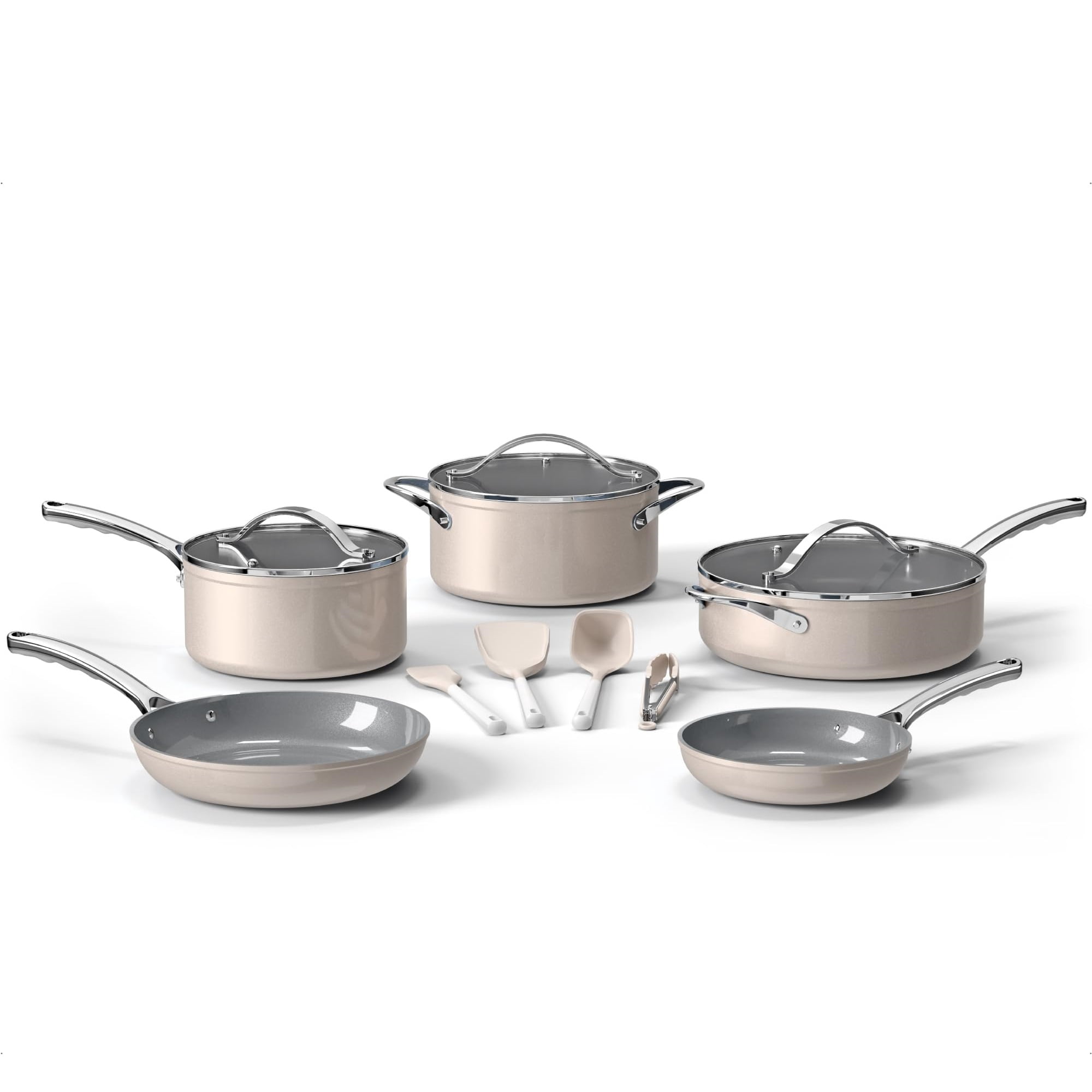 Bakken 12-Piece Aluminum Cookware Set with Ceramic Nonstick, All-Stovetop Safe to 500°F, Pots & Pans with Lids, Silicone Utensils, Dishwasher Safe