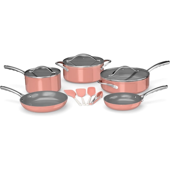 Bakken 12-Piece Aluminum Cookware Set with Ceramic Nonstick, All-Stovetop Safe to 500°F, Pots & Pans with Lids, Silicone Utensils, Dishwasher Safe