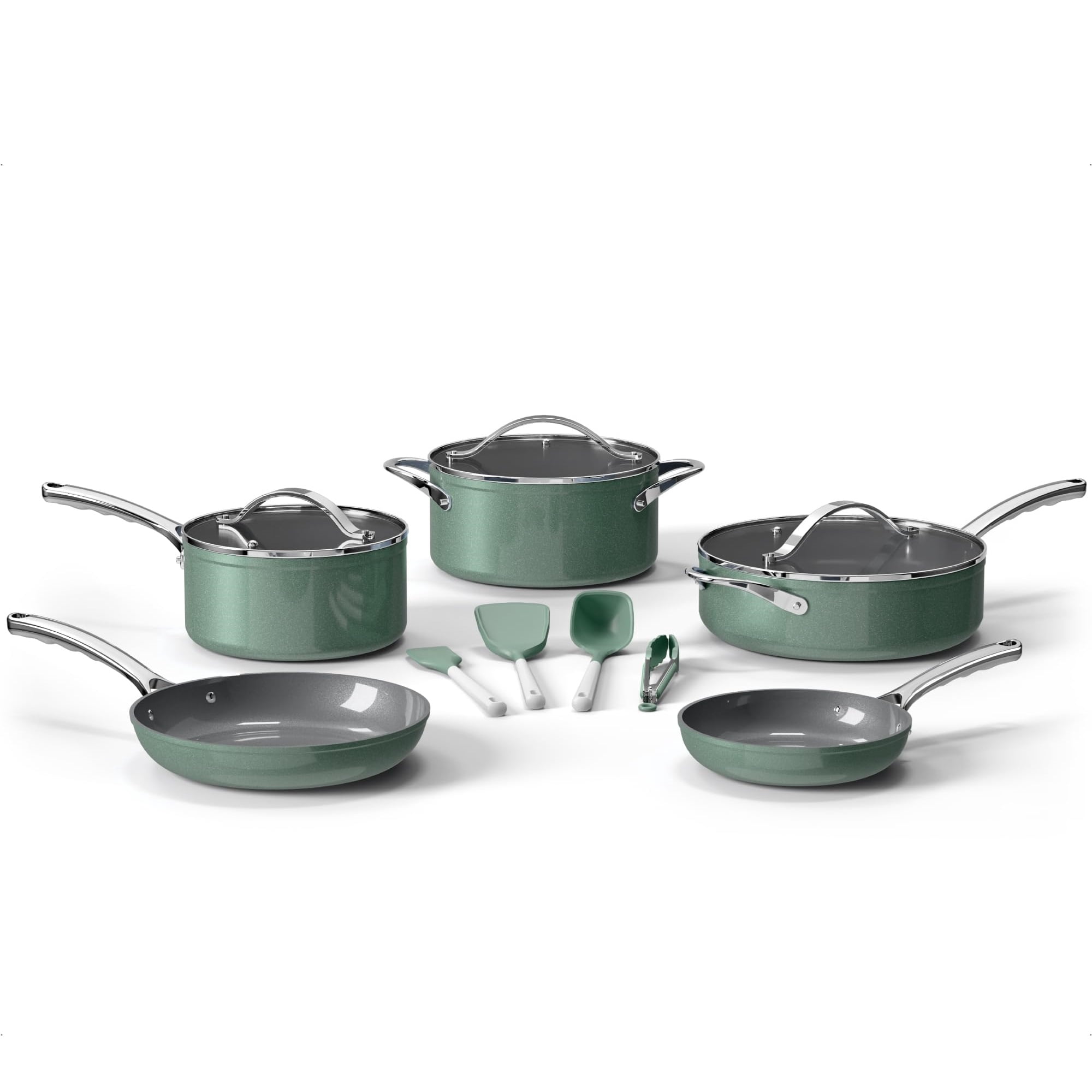 Bakken 12-Piece Aluminum Cookware Set with Ceramic Nonstick, All-Stovetop Safe to 500°F, Pots & Pans with Lids, Silicone Utensils, Dishwasher Safe