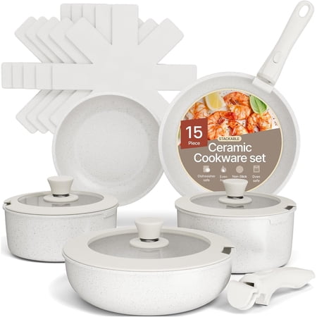 Bakken 15- Non-Stick Cookware Set with Detachable Handles - Granite Stackable Pots and Pans Set, Dishwasher Safe, Oven-Safe, and Compatible Kitchen Essential for Stoves - Cream