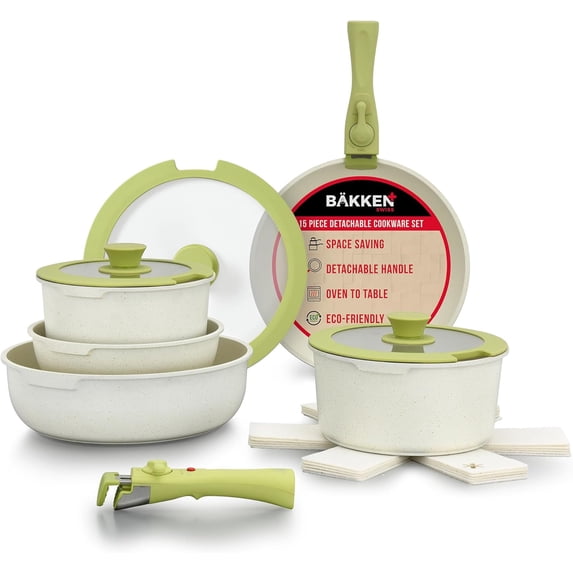 BAKKEN 15-Piece Non-Stick Cookware Set with Detachable Handles, Granite Stackable Pots and Pans Set, Oven-Safe, Compatible for All Stoves, Green