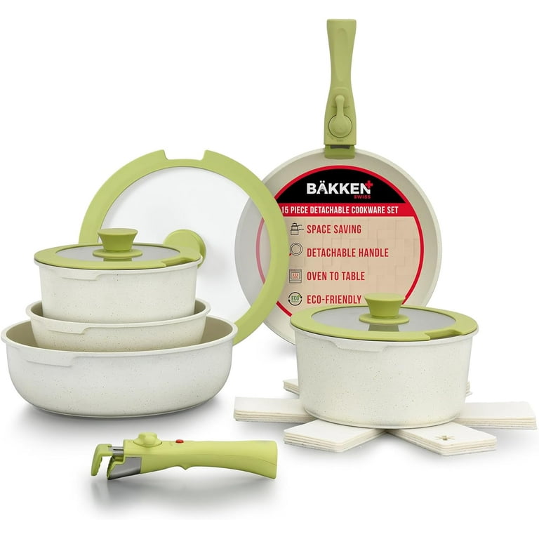 Crema Collection 15-Piece Aluminum Nonstick Cookware Set in Green Crema Collection 15-Piece Aluminum Nonstick Cookware Set in Green