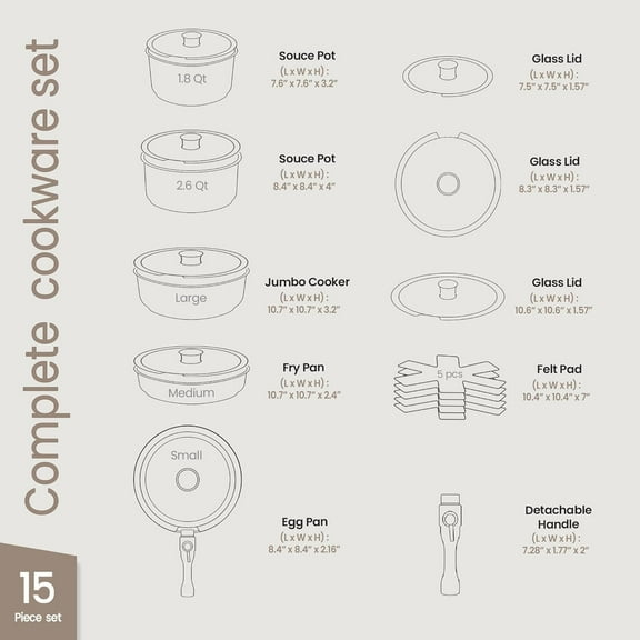 Bakken 15-Piece Non-Stick Cookware Set with Detachable Handles -  Stackable Pots and Pans, Dishwasher Safe, Oven Safe, Green/