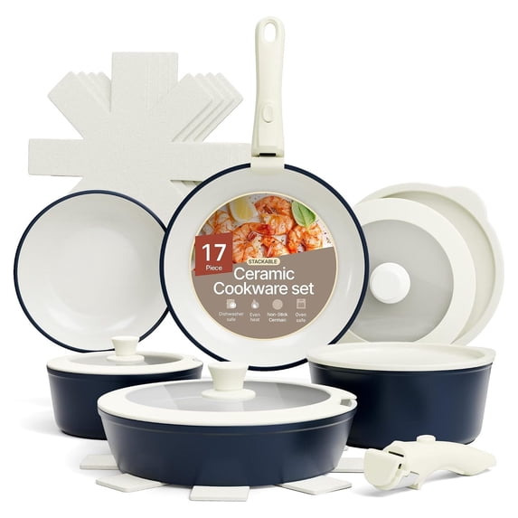 Bakken 17-Piece Ceramic Coated Aluminum Cookware Set, Nonstick Pots and ...