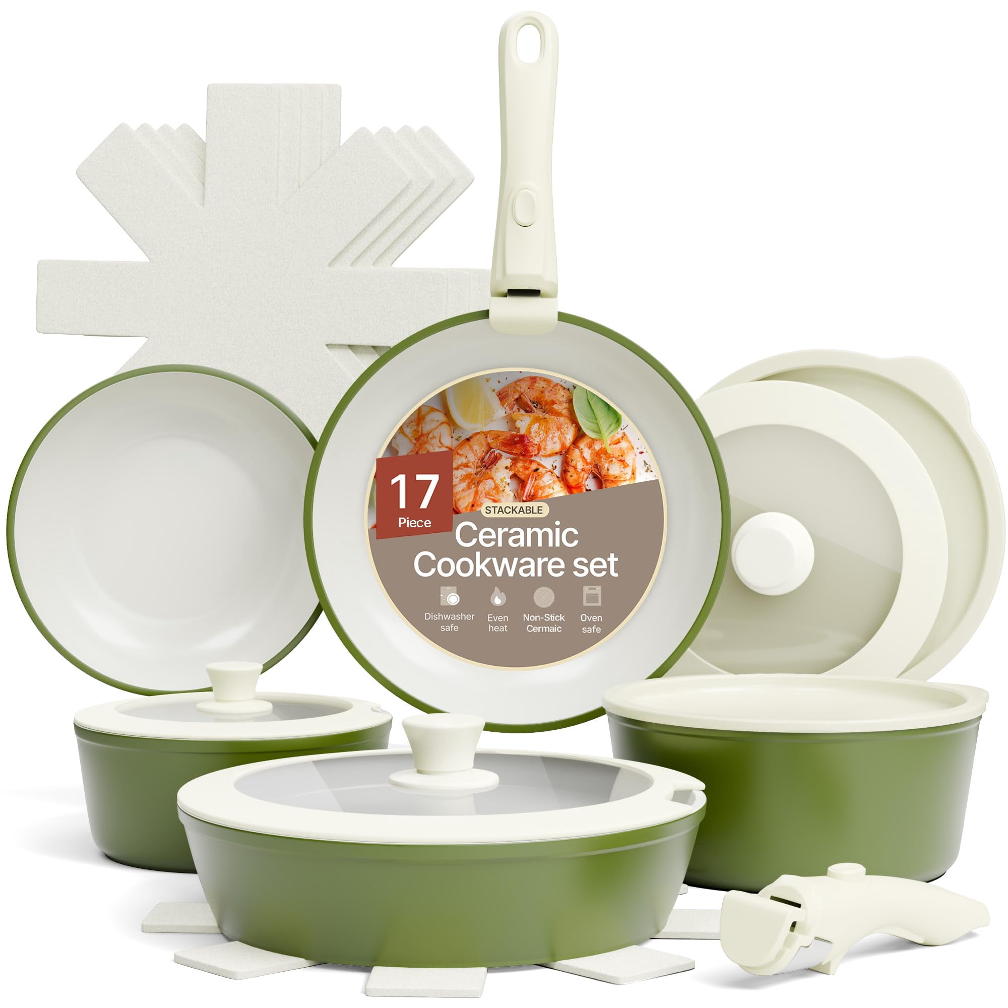 Bakken 17-Piece Ceramic Coated Aluminum Cookware Set, Nonstick Pots & Pans with Lids, Silicone Utensils & Oven Mitts, All-Stovetop Safe to 500°F