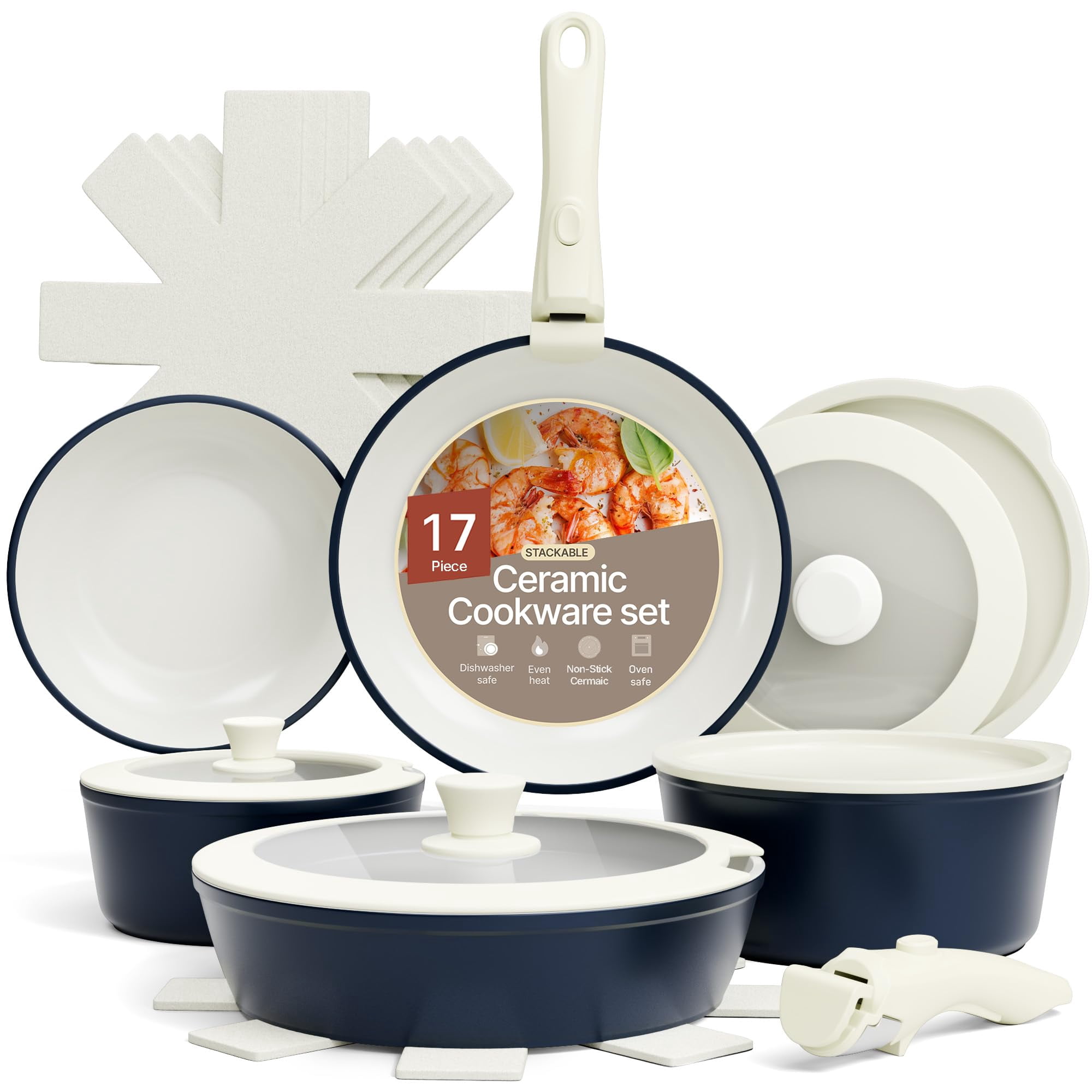 Bakken 17-Piece Ceramic Coated Aluminum Cookware Set, Nonstick Pots & Pans with Lids, Silicone Utensils & Oven Mitts, All-Stovetop Safe to 500°F