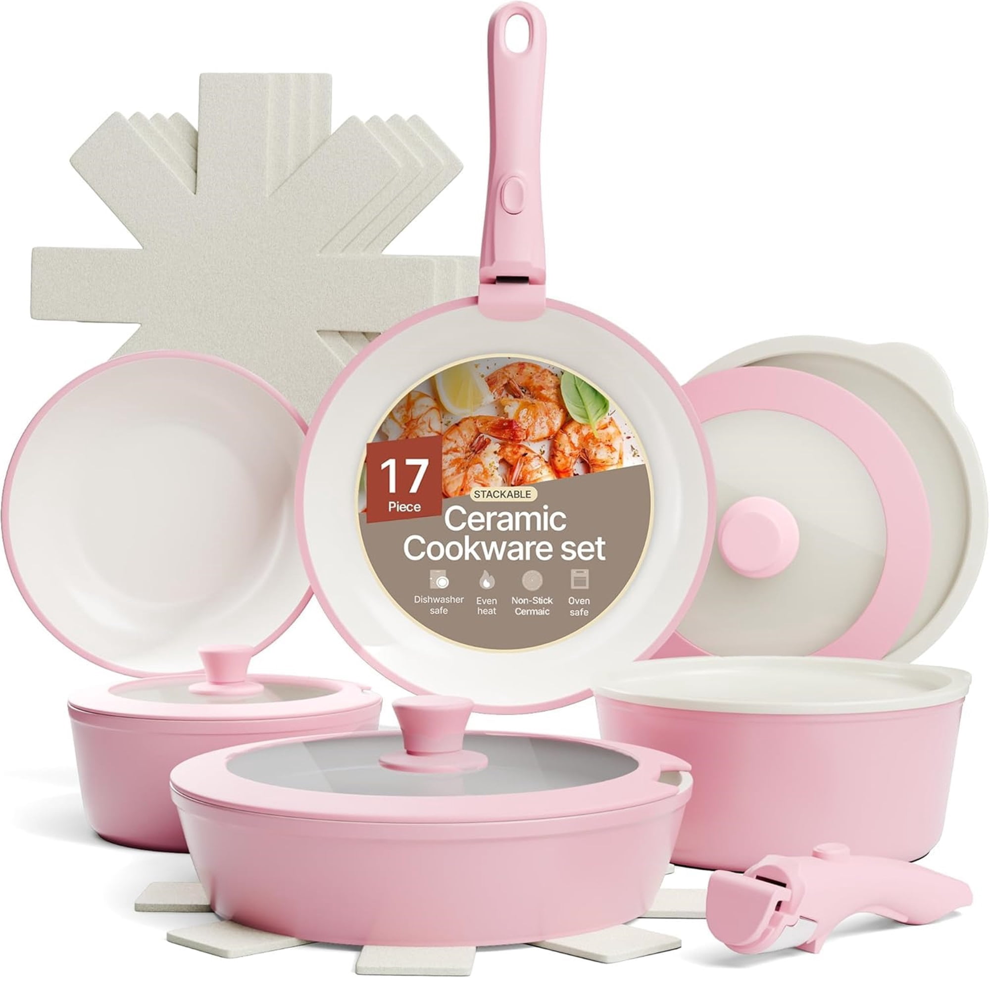 Bakken 17-Piece Ceramic Coated Aluminum Cookware Set, Nonstick Pots & Pans with Lids, Silicone Utensils & Oven Mitts, All-Stovetop Safe to 500°F
