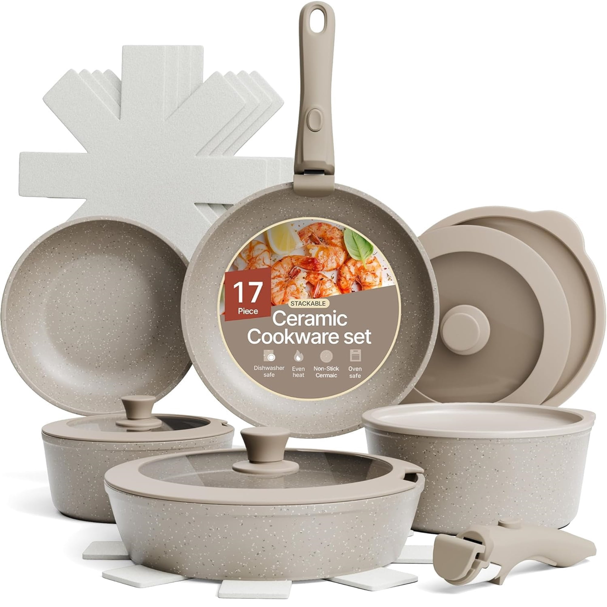 Bakken 17-Piece Ceramic Coated Aluminum Cookware Set, Nonstick Pots & Pans with Lids, Silicone Utensils & Oven Mitts, All-Stovetop Safe to 500°F