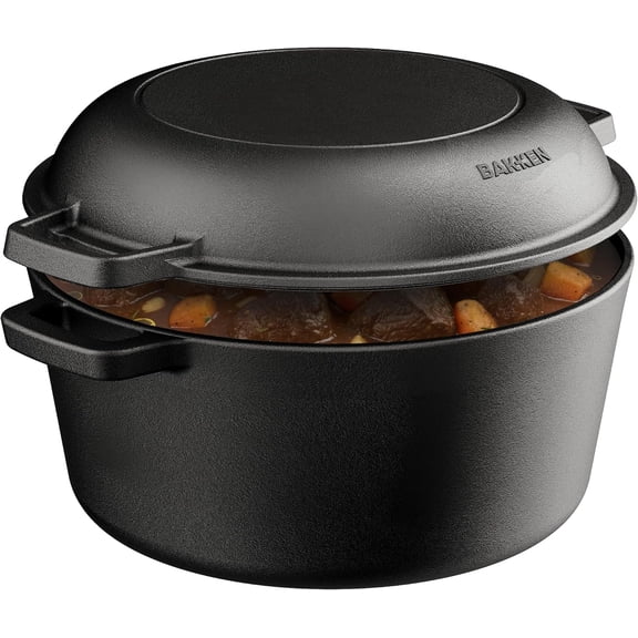 Bakken 2-in-1 Cast Iron Dutch Oven Pot with Skillet Lid, 5QT Pre-Seasoned Dutch Oven for Bread Baking, Roasting & Campfire Cooking, Heavy-Duty Indoor & Outdoor Use with Easy-Grip Dual Handles