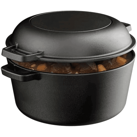 Bakken 2-in-1 Cast Iron Dutch Oven Pot with Skillet Lid, 5QT Pre-Seasoned Dutch Oven for Bread Baking, Roasting & Campfire Cooking, Heavy-Duty Indoor & Outdoor Use with Easy-Grip Dual Handles
