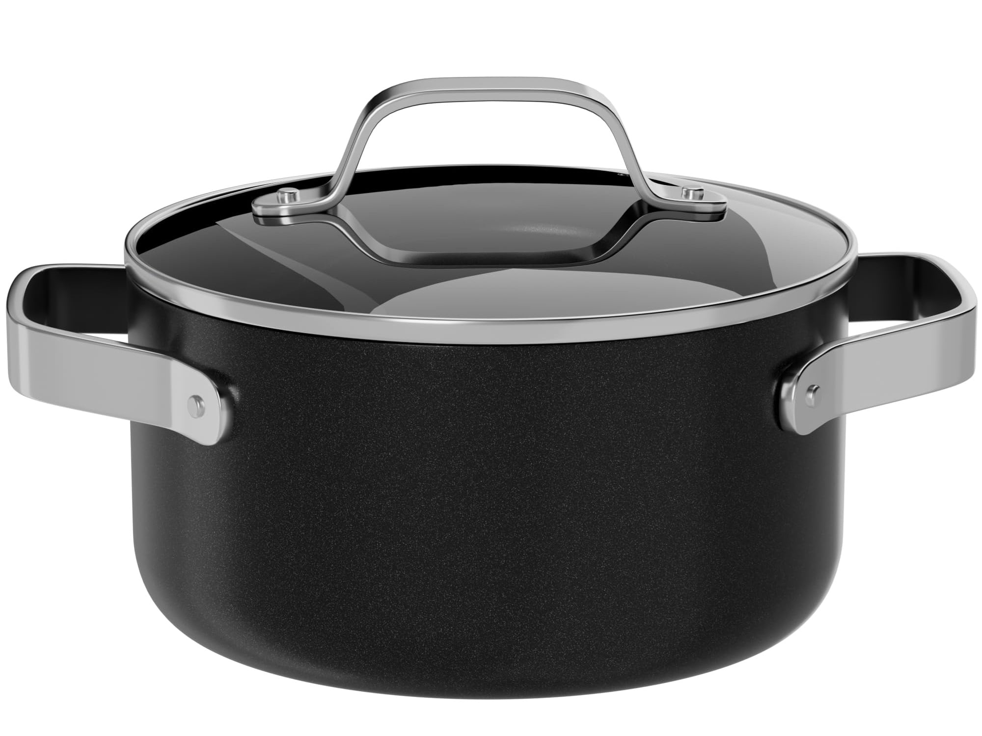 Bakken 3 Quart Ceramic Coated Stock Pot with Glass Lid, Nonstick, Oven Safe to 500°F, Stainless Steel Handles, All Stove Compatible, Black