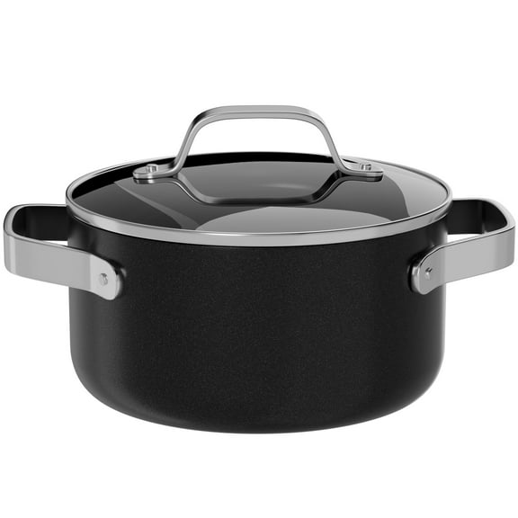 Bakken 3 Quart Ceramic Coated Stock Pot with Glass Lid, Nonstick, Oven Safe to 500°F, Stainless Steel Handles, All Stove Compatible, Black