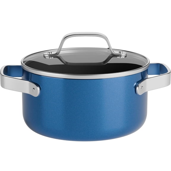 Bakken 3 Quart Ceramic Coated Stock Pot with Glass Lid, Nonstick, Oven Safe to 500°F, Stainless Steel Handles, All Stove Compatible, Blue