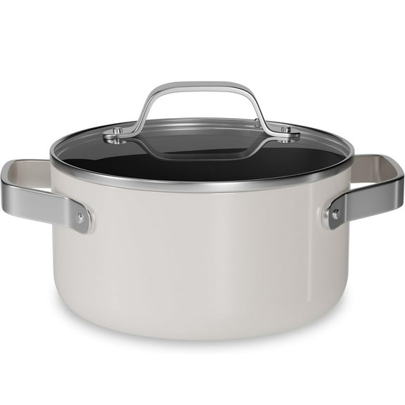 Bakken 3 Quart Ceramic Coated Stock Pot with Glass Lid, Nonstick, Oven Safe to 500°F, Stainless Steel Handles, All Stove Compatible, Cream