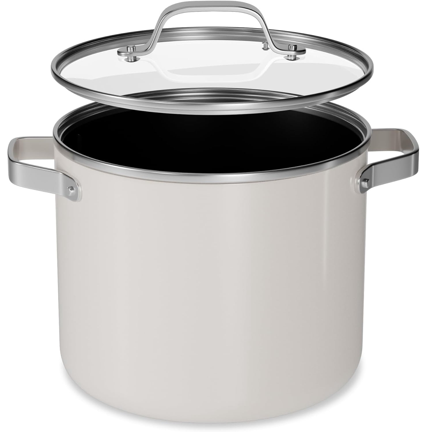 Bakken 8.5 Quart Ceramic Coated Stock Pot with Glass Lid, Nonstick, Oven Safe to 500°F, Stainless Steel Handles, All Stove Compatible, Cream