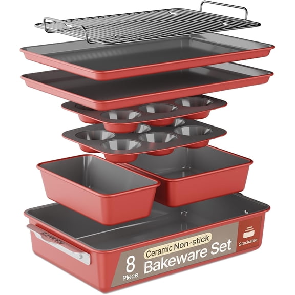 Bakken 8-Piece Ceramic Coated Bakeware Set, Nonstick Aluminized Steel, Oven Safe 500°F, Dishwasher Safe