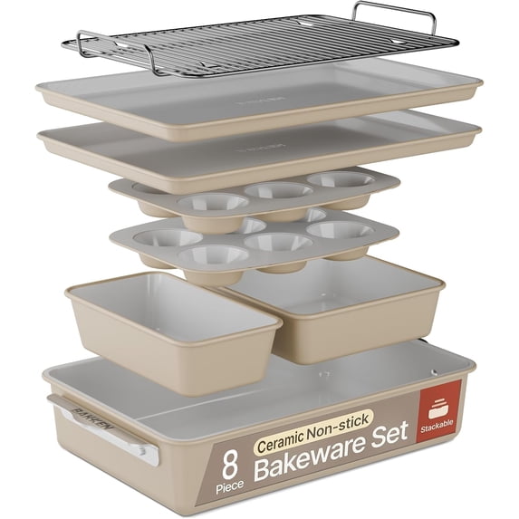 Bakken 8-Piece Ceramic Coated Bakeware Set, Nonstick Aluminized Steel, Oven Safe 500°F, Dishwasher Safe