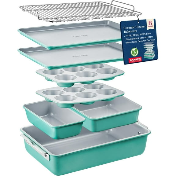 8-Piece Stackable Bakeware Set - Aluminized Steel with Ceramic Non-Stick Coating, Healthy Baking, Ergonomic Handles, Cooling Rack, Non-Toxic, Oven-Safe, Durable Quality