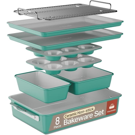 8-Piece Stackable Bakeware Set - Aluminized Steel with Ceramic Non-Stick Coating, Healthy Baking, Ergonomic Handles, Cooling Rack, Non-Toxic, Oven-Safe, Durable Quality