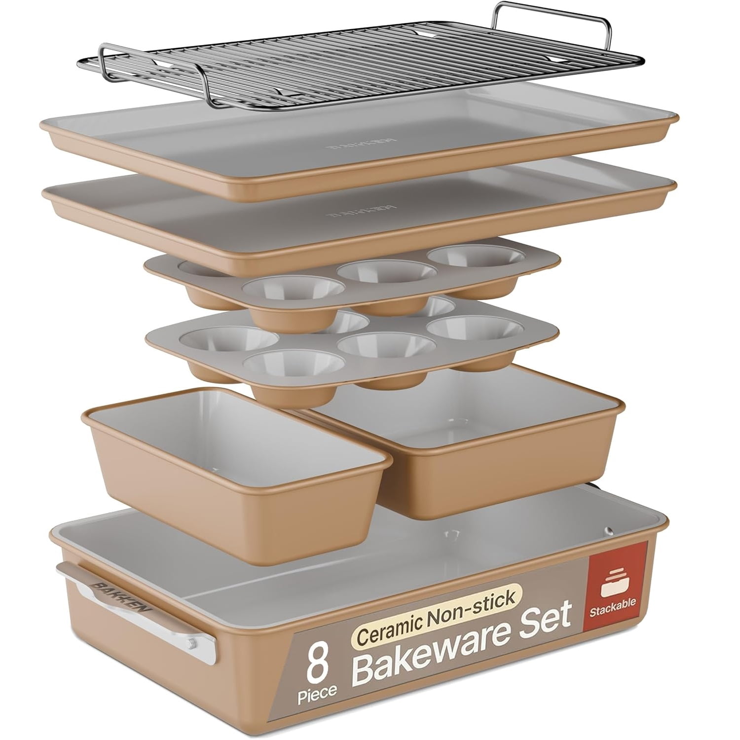 BAKKEN 8-Piece Stackable Bakeware Set, Ceramic Nonstick Oven-Safe Baking Sheets and Pans with Cooling Rack, Ergonomic Handles