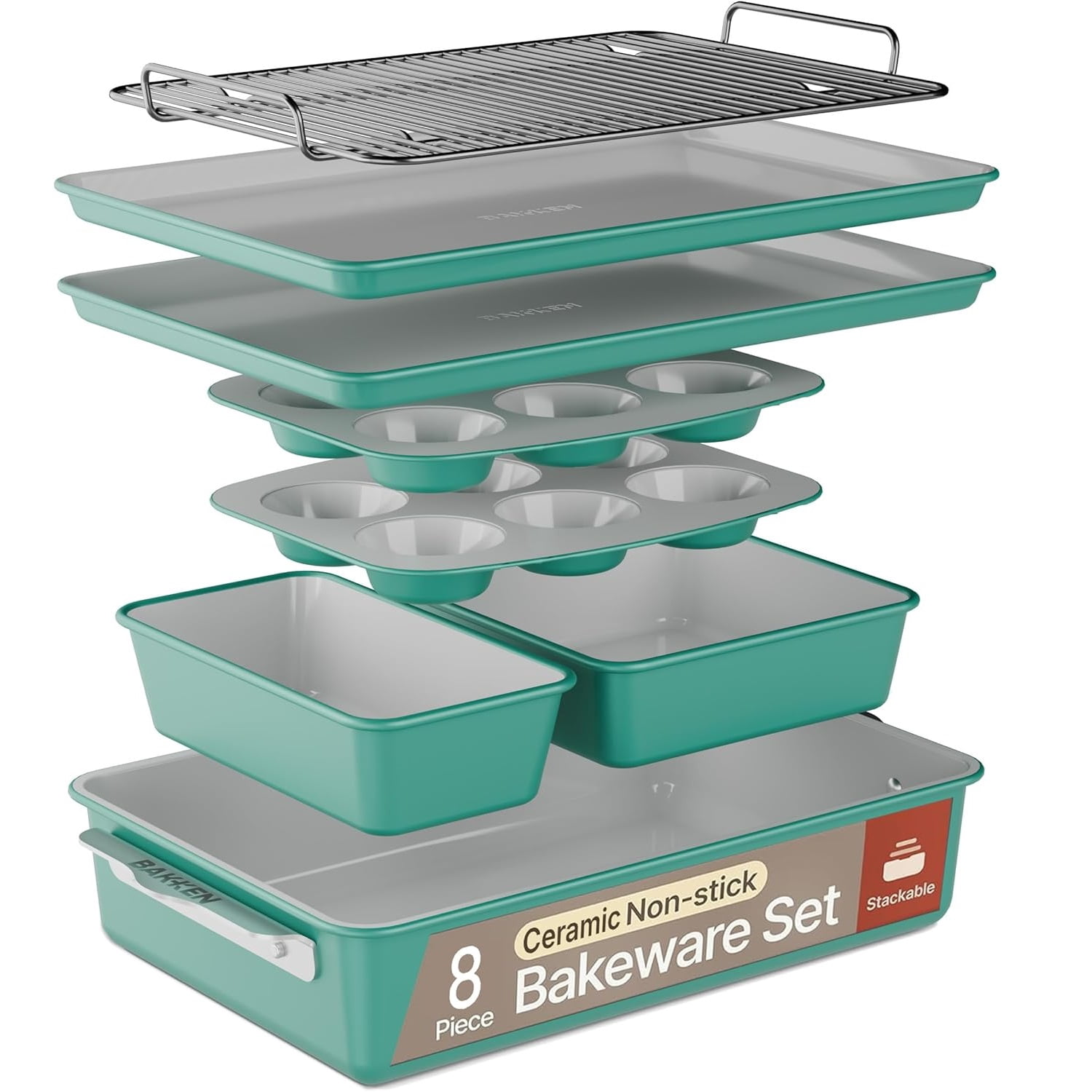BAKKEN 8-Piece Stackable Bakeware Set, Ceramic Nonstick Oven-Safe Baking Sheets and Pans with Cooling Rack, Ergonomic Handles