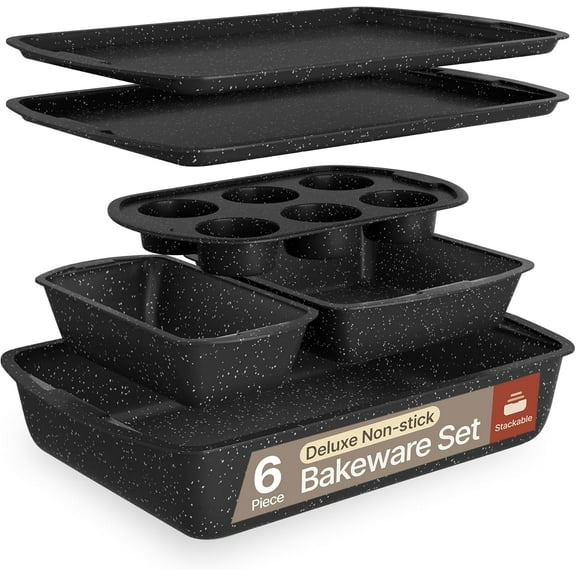 Bakken - Bakeware Set – 6 Piece – Stackable, Deluxe, Non-Stick Baking Pans for Professional and Home Cooking – Carbon Steel, Gray Stone Coating