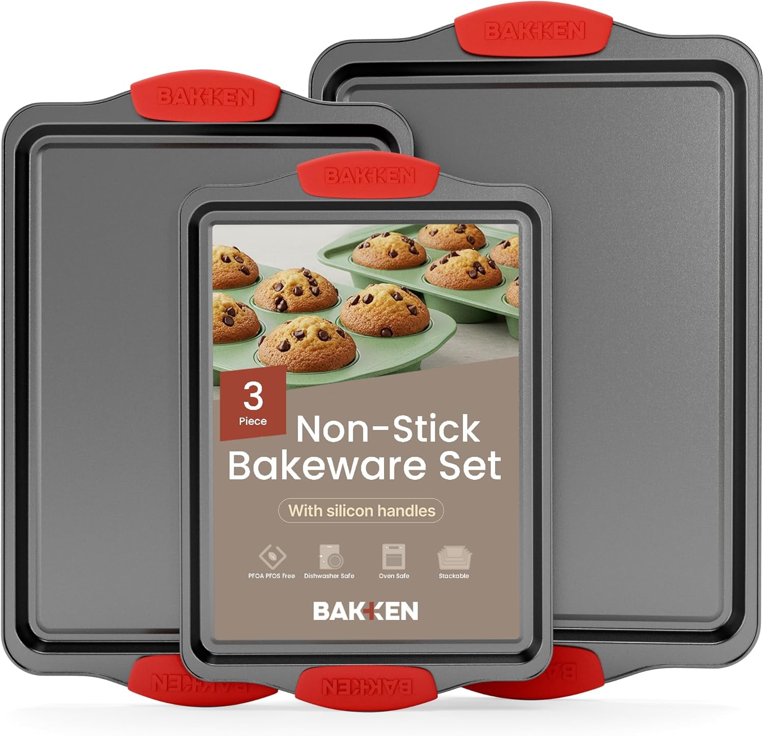 Bakken Baking Pan Set - 3 Pieces Non-stick Deluxe Carbon Steel Cookie Sheets, Commercial Grade Restaurant Quality Large, Medium, Small Sheet with Silicone Handle - Black