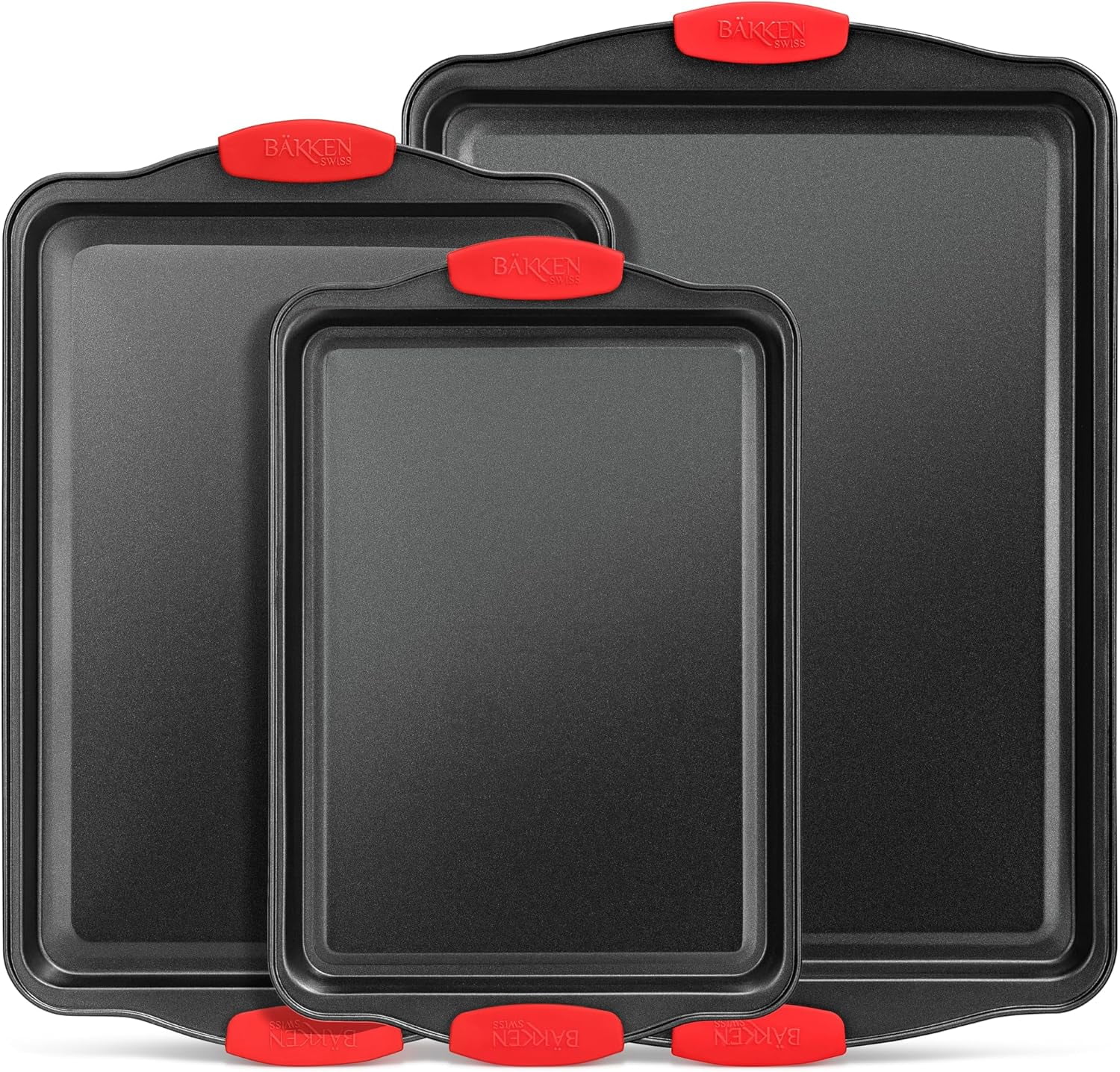 3-Piece Non-Stick Carbon Steel Baking Sheet Pan Set with Red Silicone Handles