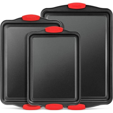Bakken Baking Pan Set - 3 Pieces Non-stick Deluxe Carbon Steel Cookie Sheets, Commercial Grade Restaurant Quality Large, Medium, Small Sheet with Silicone Handle - Black