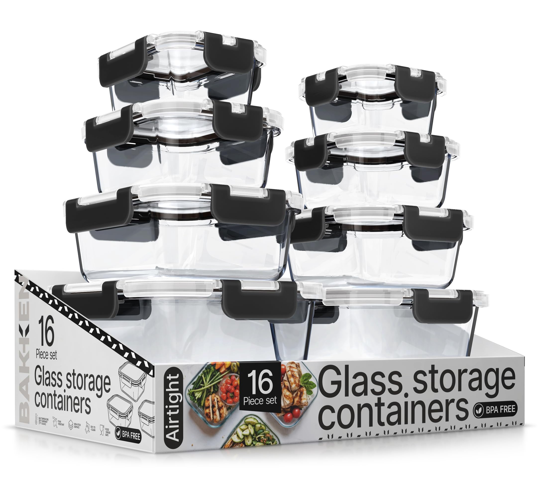 Bakken Borosilicate Glass Food Storage Containers with Lids 16 Pieces, Airtight Leak-Proof, Stackable Lunch Containers Microwave & Freezer Safe, Black