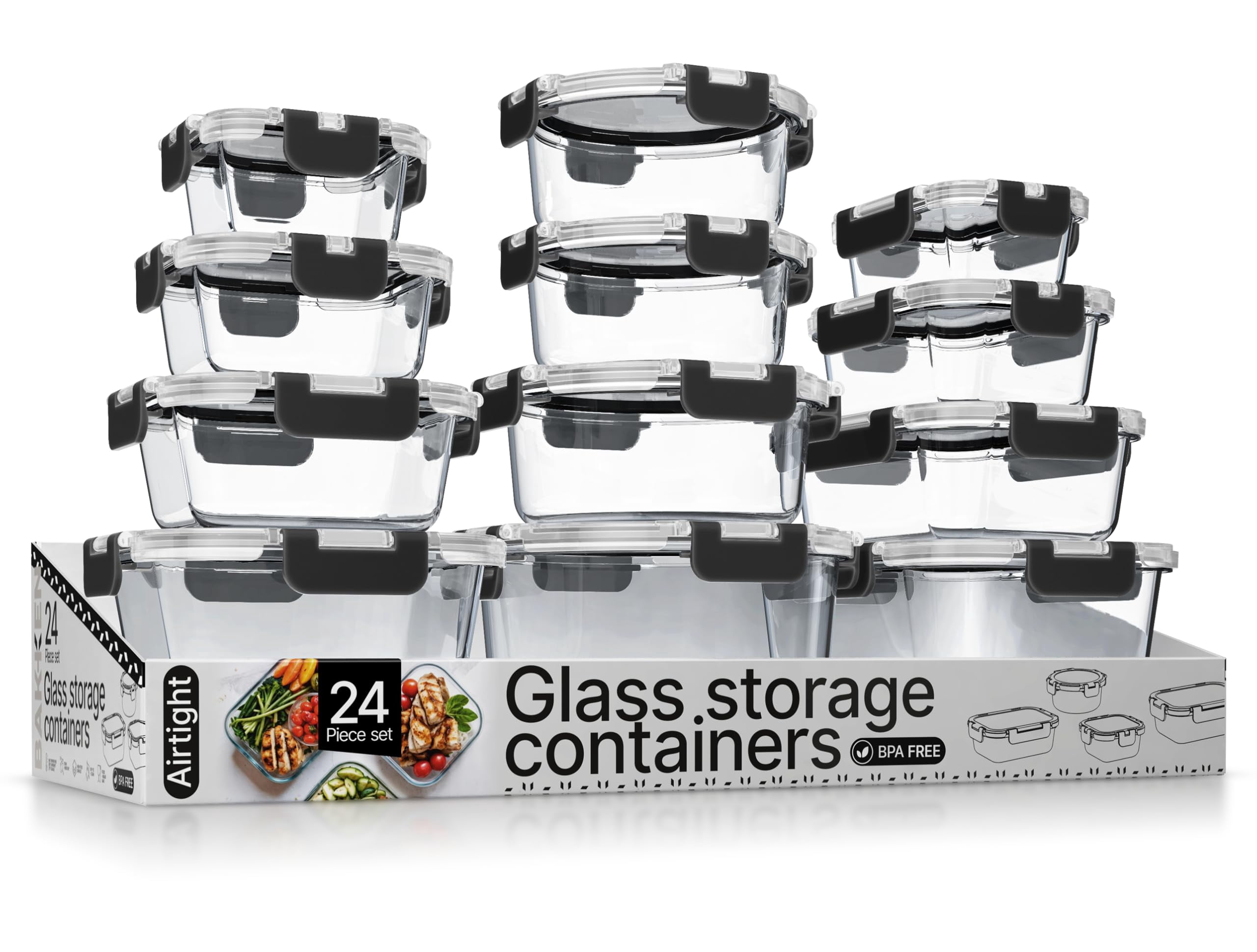 Bakken Borosilicate Glass Food Storage Containers with Lids 24 Pieces,  Microwave & Freezer Safe, Black