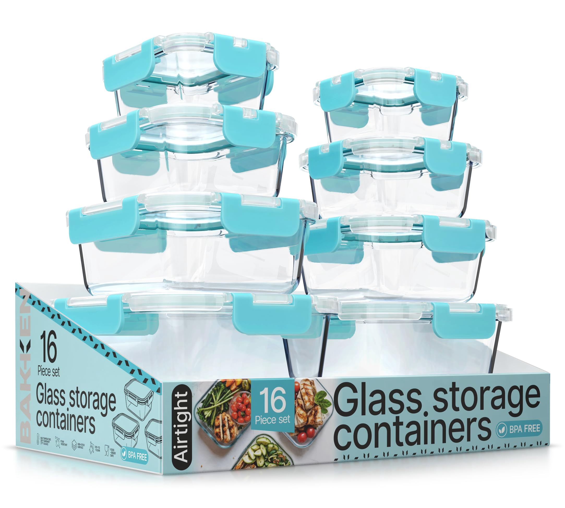 Bakken Borosilicate Glass Food Storage Containers with Lids 16 Pieces, Airtight Leak-Proof, Stackable Lunch Containers Microwave & Freezer Safe, Aqua