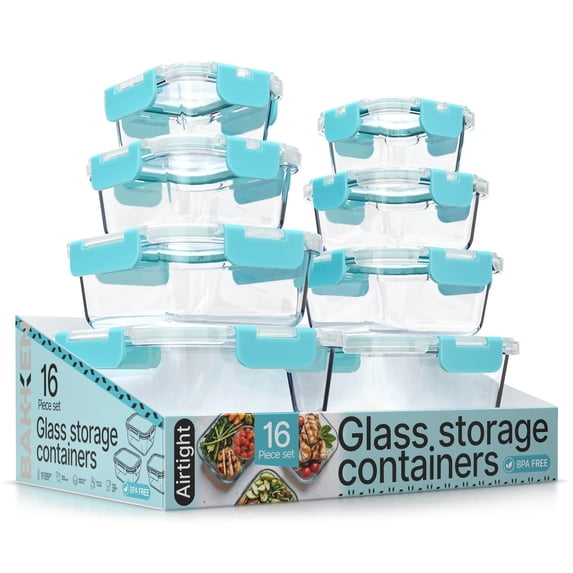 Bakken Borosilicate Glass Food Storage Containers with Lids 16 Pieces, Airtight Leak-Proof, Stackable Lunch Containers Microwave & Freezer Safe, Aqua
