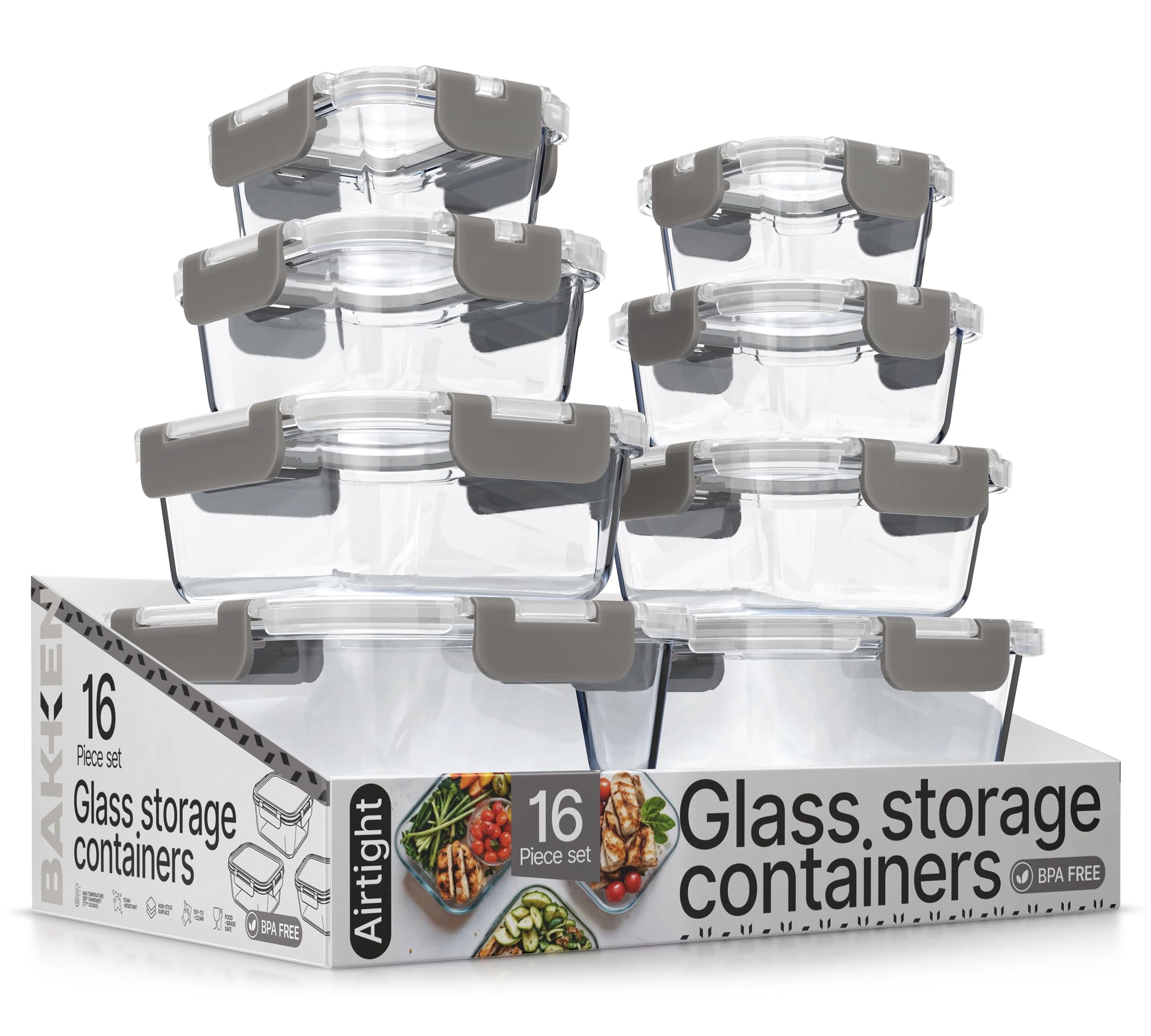 Bakken Borosilicate Glass Food Storage Containers with Lids 16 Pieces, Airtight Leak-Proof, Stackable Lunch Containers Microwave & Freezer Safe, Gray