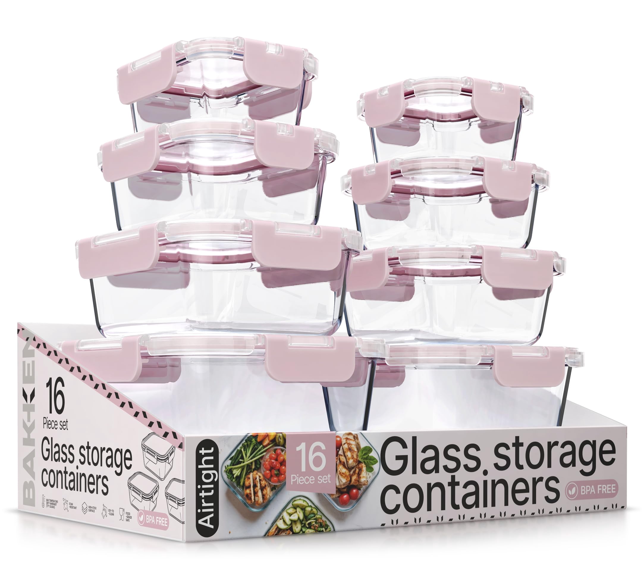 Bakken Borosilicate Glass Food Storage Containers Set, Airtight and Leak-Proof, Microwave and Freezer Safe, 16-Piece Set, Pink Lids