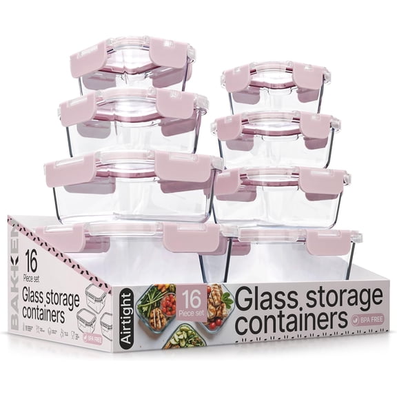Bakken Borosilicate Glass Food Storage Containers Set, Airtight and Leak-Proof, Microwave and Freezer Safe, 16-Piece Set, Pink Lids