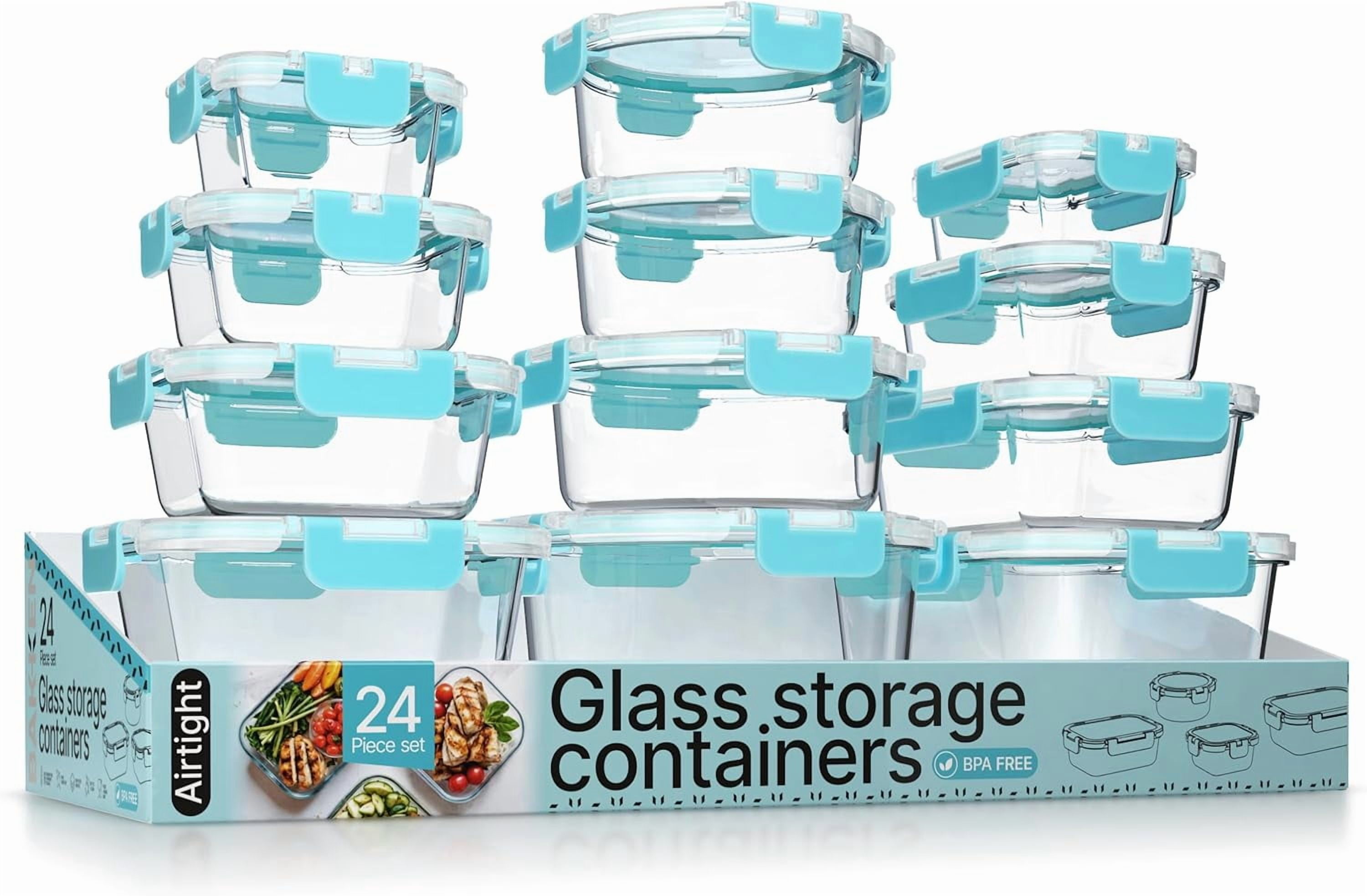 Bakken Borosilicate Glass Food Storage Containers with Lids 24 Pieces, Airtight Leak-Proof, Stackable Lunch Containers Microwave & Freezer Safe, Aqua