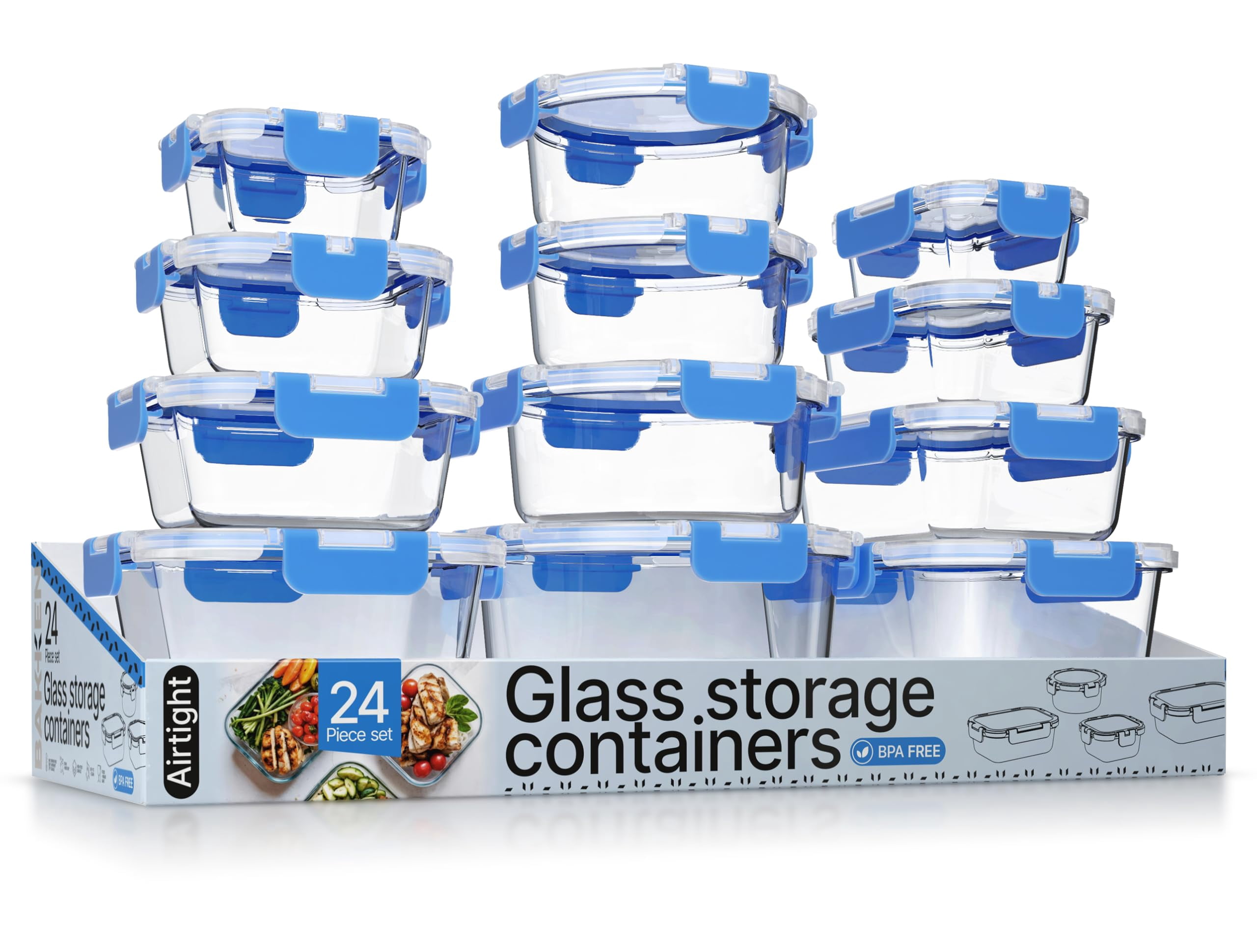 Bakken Borosilicate Glass Food Storage Containers with Lids 24 Pieces, Airtight Leak-Proof, Stackable Lunch Containers Microwave & Freezer Safe, Blue