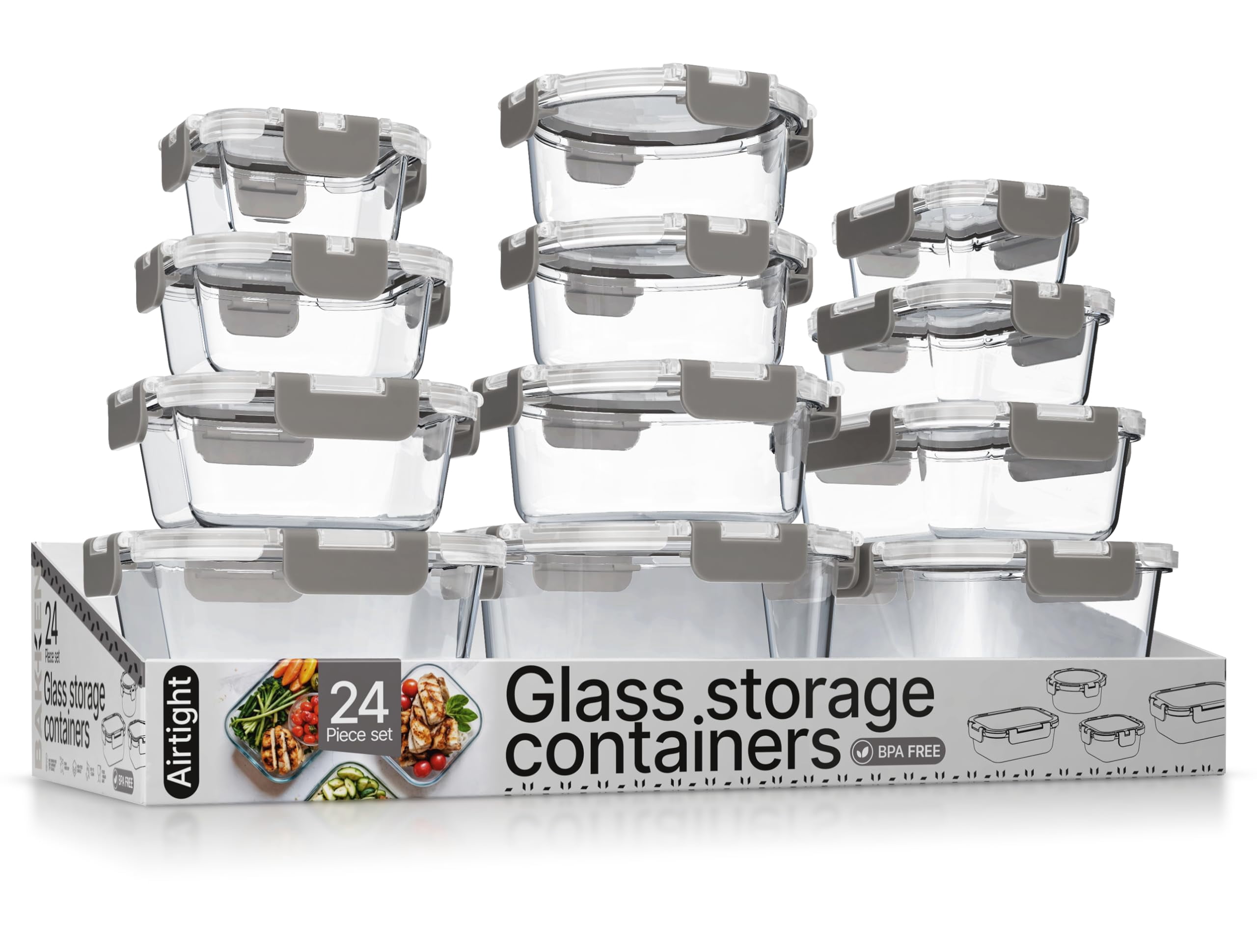Bakken Borosilicate Glass Food Storage Containers with Lids 24 Pieces, Airtight Leak-Proof, Stackable Lunch Containers Microwave & Freezer Safe, Gray