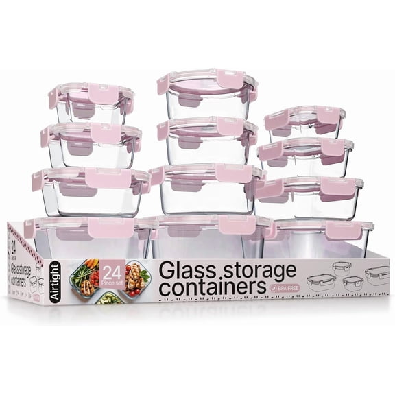 Bakken Borosilicate Glass Food Storage Containers with Lids 24 Pieces, Airtight Leak-Proof, Stackable Lunch Containers Microwave & Freezer Safe, Pink