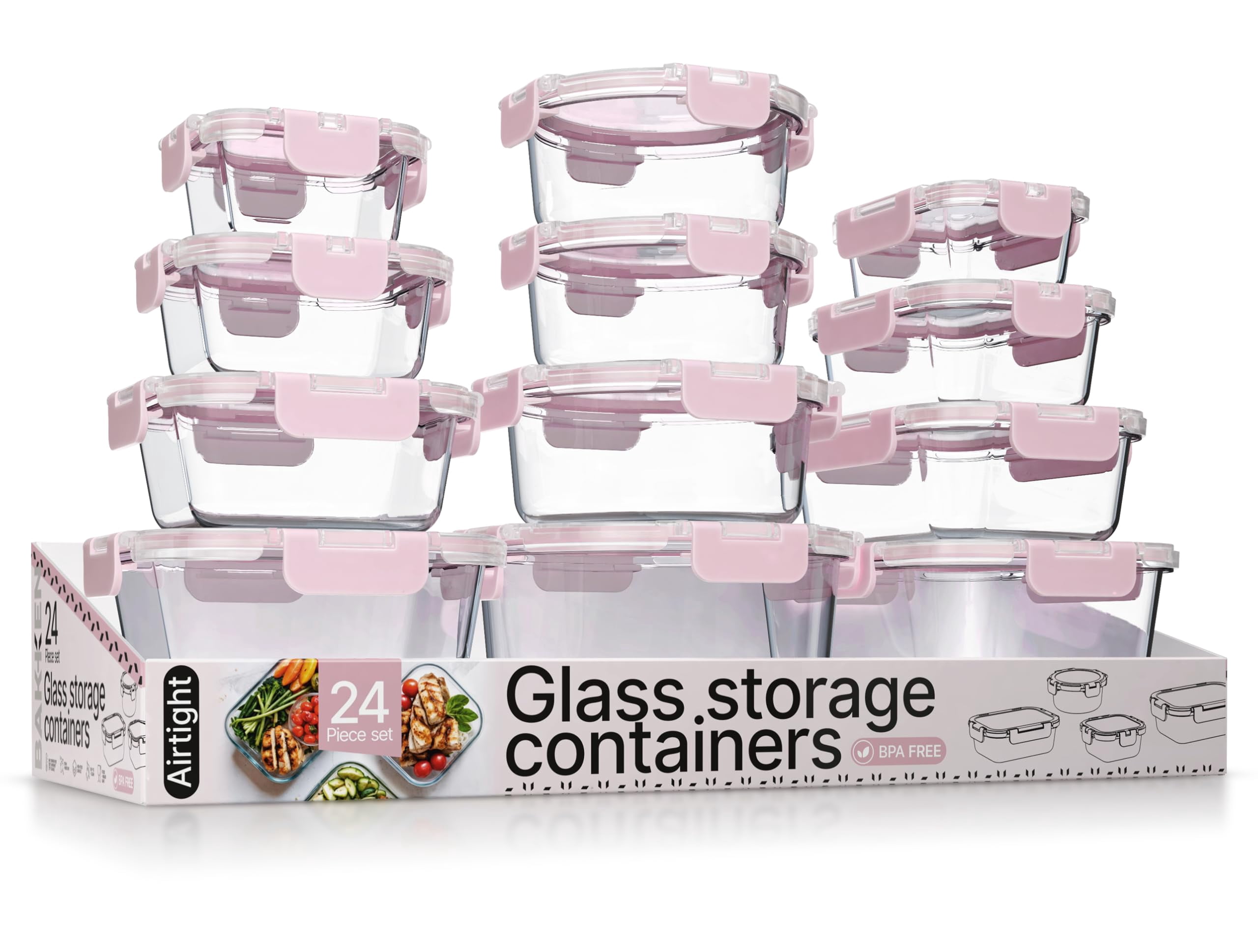 Bakken Borosilicate Glass Food Storage Containers with Lids 24 Pieces, Airtight Leak-Proof, Stackable Lunch Containers Microwave & Freezer Safe, Pink