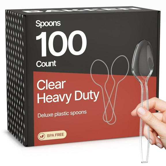 Bakken Disposable Cutlery Set 100 Pieces Spoons, Heavy Duty Plastic Silverware, BPA-Free Food-Grade Materials, Heat-Resistant, Reusable Utensils for Parties, Catering, BBQs, and Everyday Use, Clear