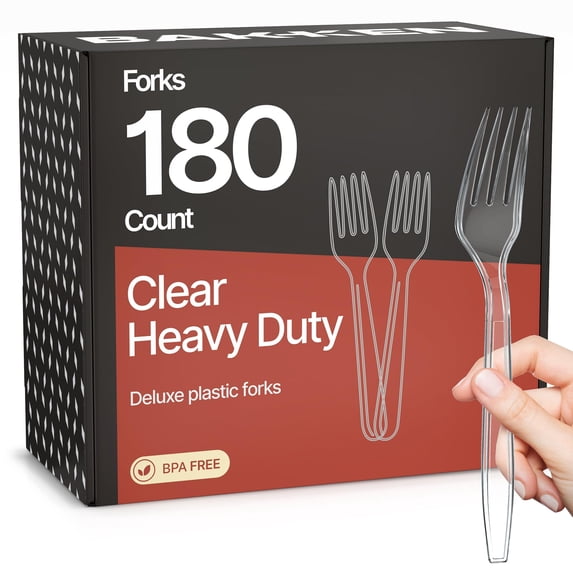 Bakken Disposable Cutlery Set 180 Pieces Forks, Heavy Duty Plastic Silverware, BPA-Free Food-Grade Materials, Heat-Resistant, Reusable Utensils for Parties, Catering, BBQs, and Everyday Use, Clear