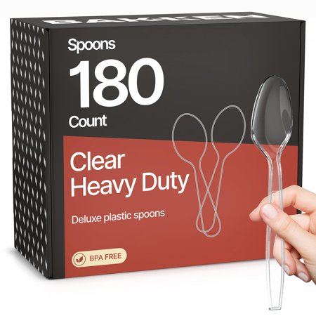 Bakken Disposable Cutlery Set 180 Pieces Spoons, Heavy Duty Plastic Silverware, BPA-Free Food-Grade Materials, Heat-Resistant, Reusable Utensils for Parties, Catering, BBQs, and Everyday Use, Clear
