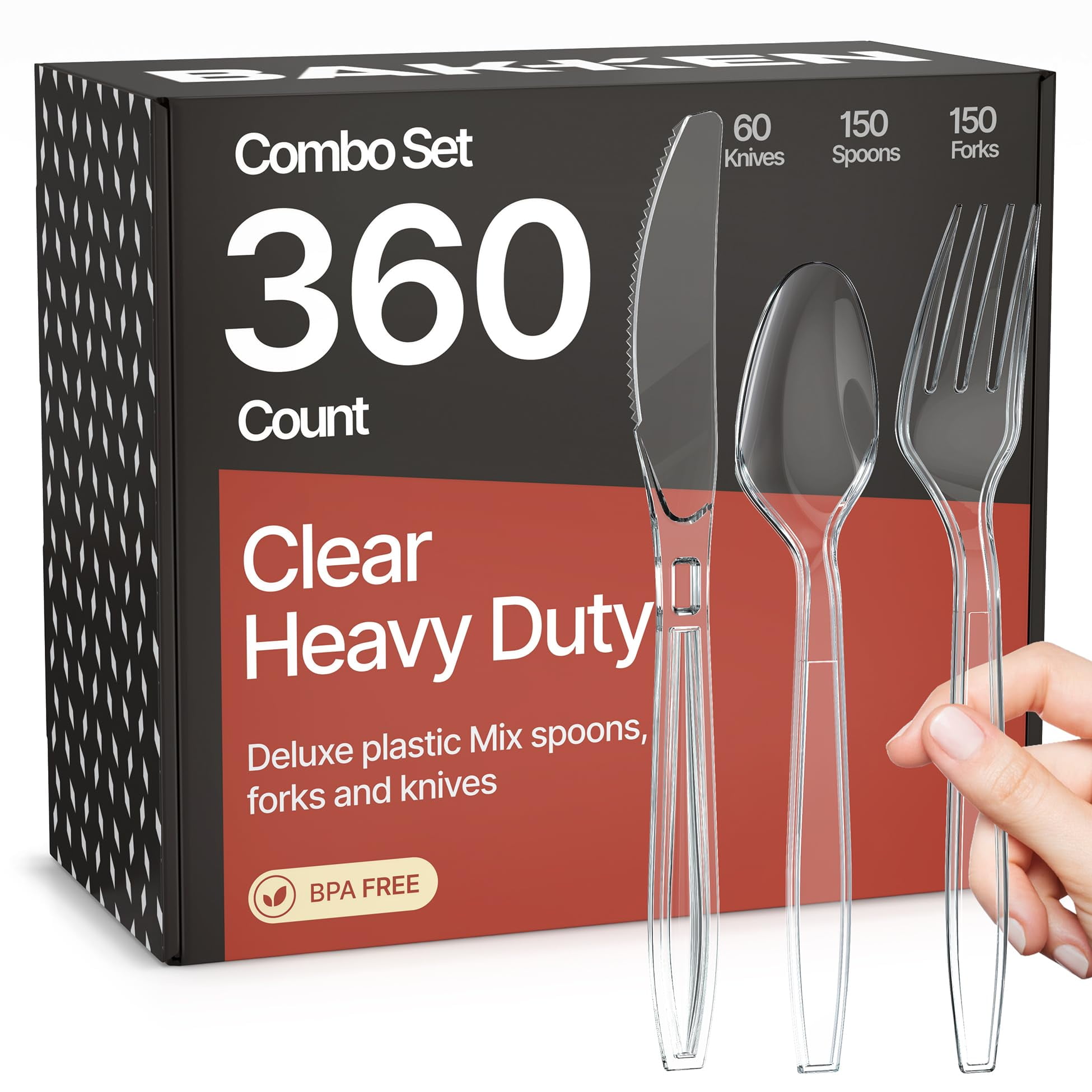Bakken Disposable Cutlery Set 360 Pieces of Forks, Knives & Spoons, Heavy Duty Plastic Silverware, Heat-Resistant, Reusable Utensils for Parties and Everyday Use, Clear