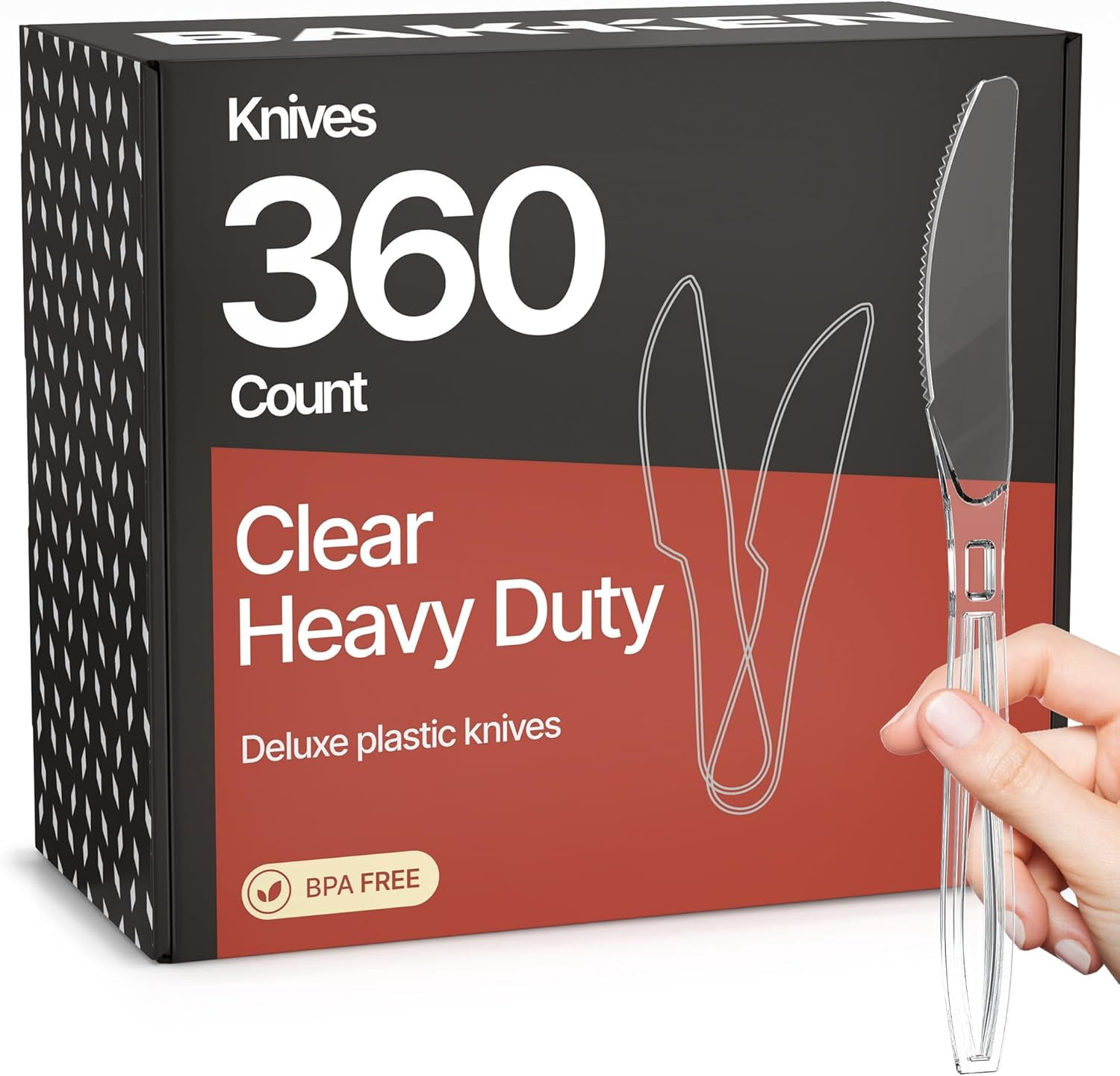 Bakken Disposable Cutlery Set 360 Pieces Knives, Heavy Duty Plastic Silverware, Heat-Resistant, Reusable Utensils for Parties, Catering, BBQs, Clear