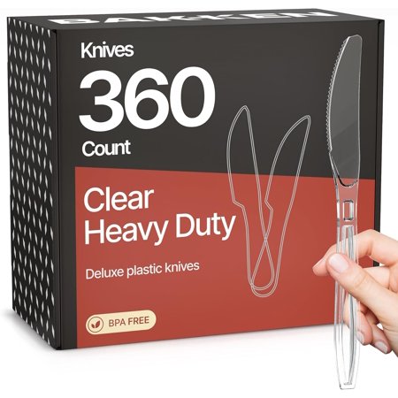 Bakken Disposable Cutlery Set 360 Pieces Knives, Heavy Duty Plastic Silverware, Heat-Resistant, Reusable Utensils for Parties, Catering, BBQs, Clear
