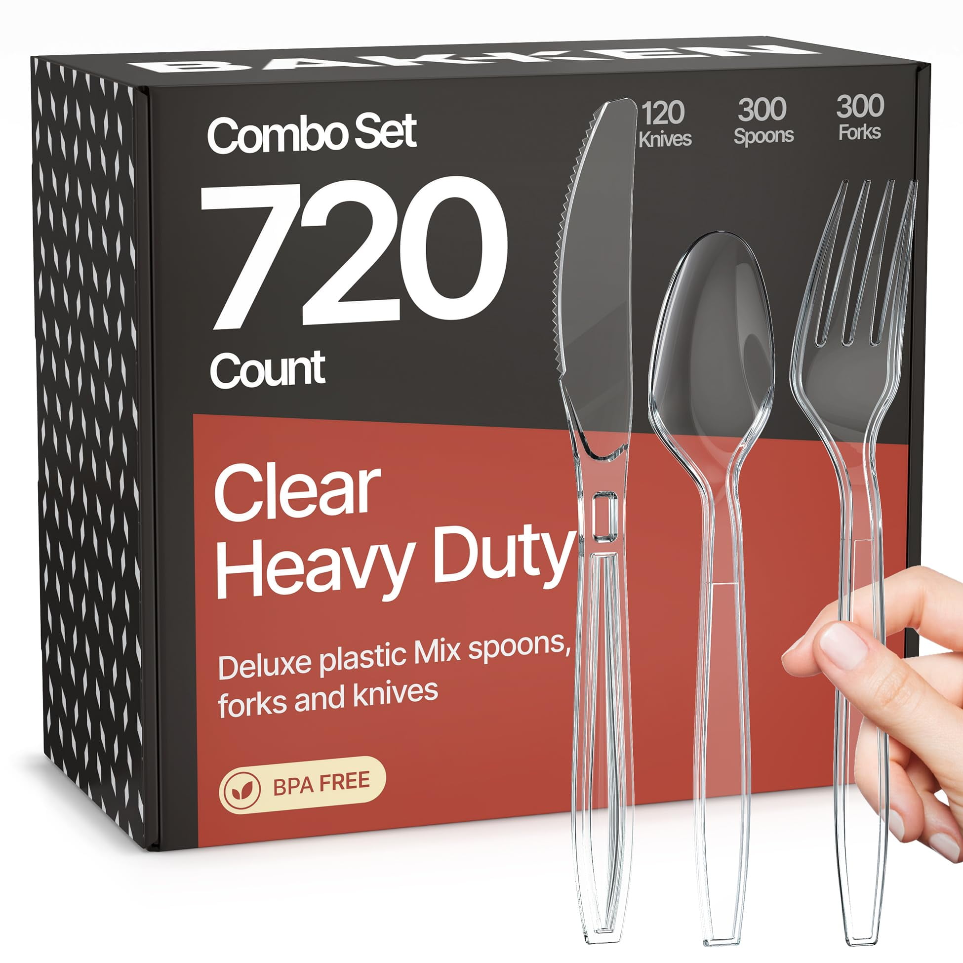 Bakken Disposable Cutlery Set 720 Pieces of Forks, Knives & Spoons, Heavy Duty Plastic Silverware, Heat-Resistant, Reusable Utensils for Parties and Everyday Use, Clear