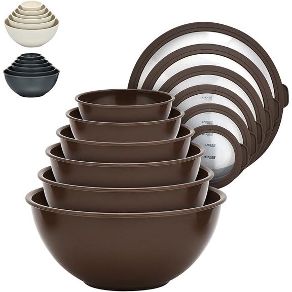Bakken Master 12 Piece Plastic Nesting Bowls with Lids - Mixing Bowls Set includes 6 Prep Bowls and 6 Lids, BPA-Free, Reusable Meal Prep Containers, Microwave, Freezer & Dishwasher Safe, Brown